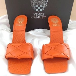 Vince Camuto Brelanie Woven Strap Mule Heel Sandals Sz 8.5 Carribean Orange